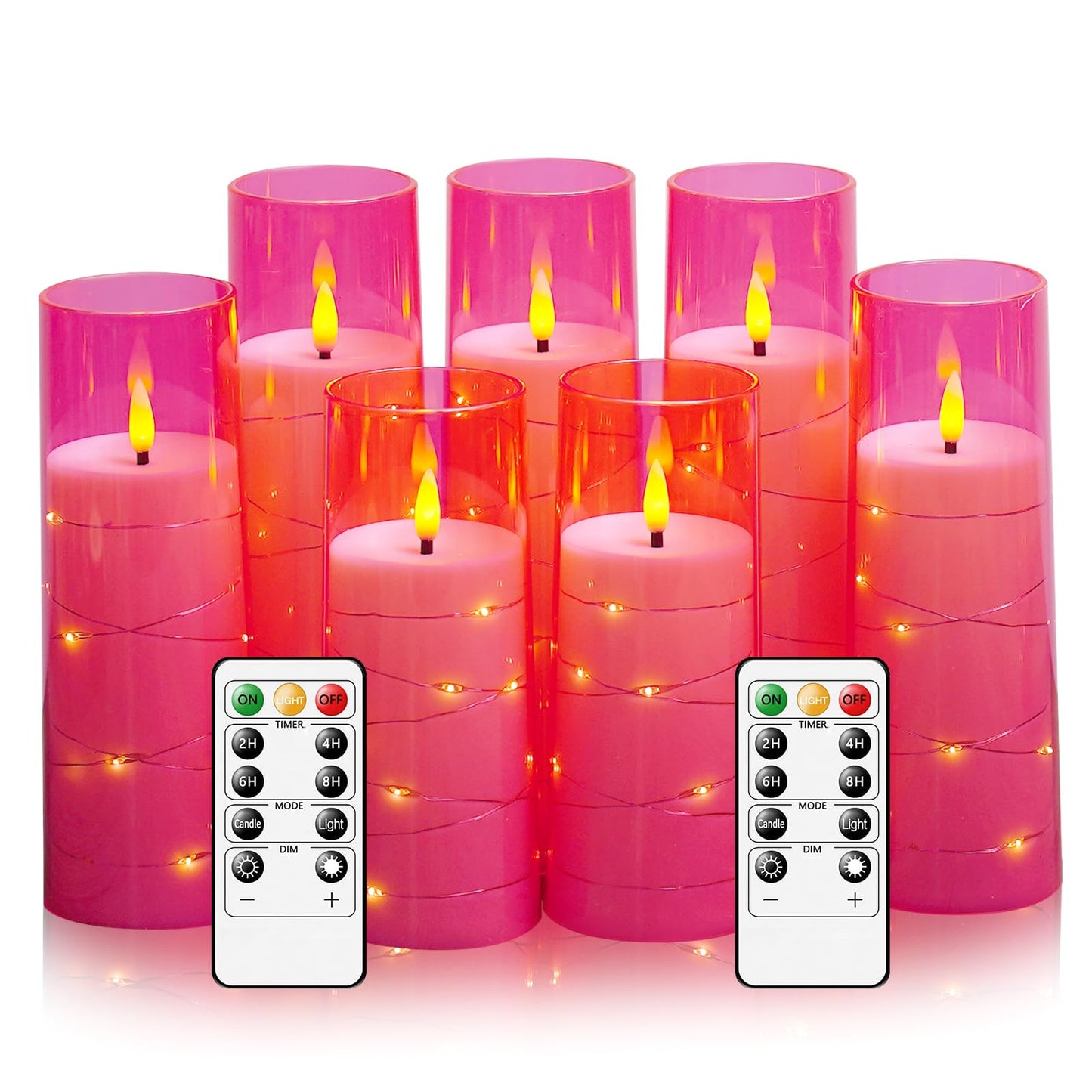 Flameless Candles,with Embedded Star String, Battery Operated Candles Flickering LED Pillar Candles with Remote Control and Timer, Home Decoration Add a Warm and Romantic Atmosphere，Set of 7 (Pink)