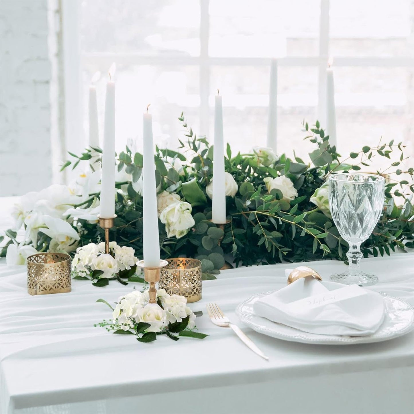 2PCS Artificial Roses Candle Rings Wreaths 4 Inch Center for Pillars Wedding Centerpiece Table Decorations Fake Rose Eucalyptus Leaves Floral Candle Ring for Holiday Party Supplies (White)