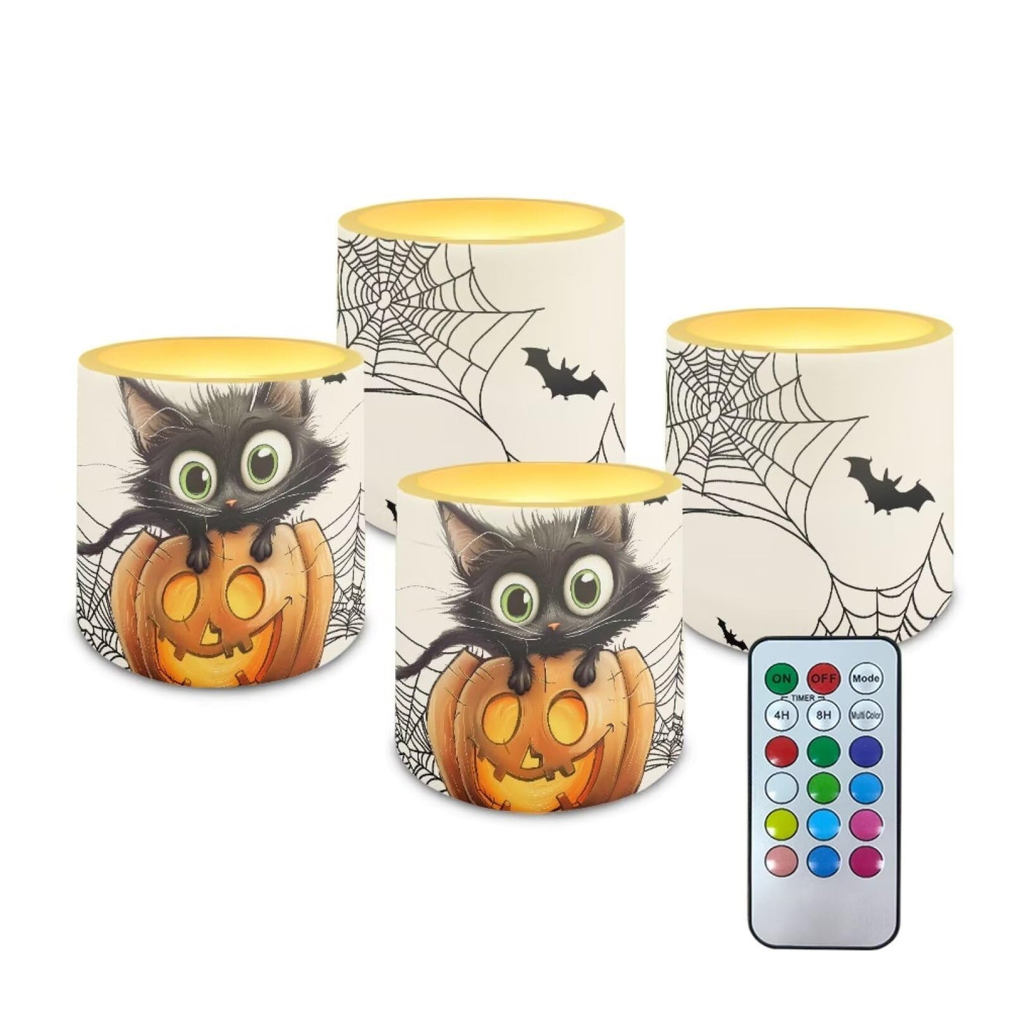 Merkmak Pack of 4 Halloween Flameless Candles with Remote Battery Operated Candles with Timer Flickering LED Elictric Pillar Tealights for Indoor Outdoor Home Decor, Spider Web Black Cat Bat