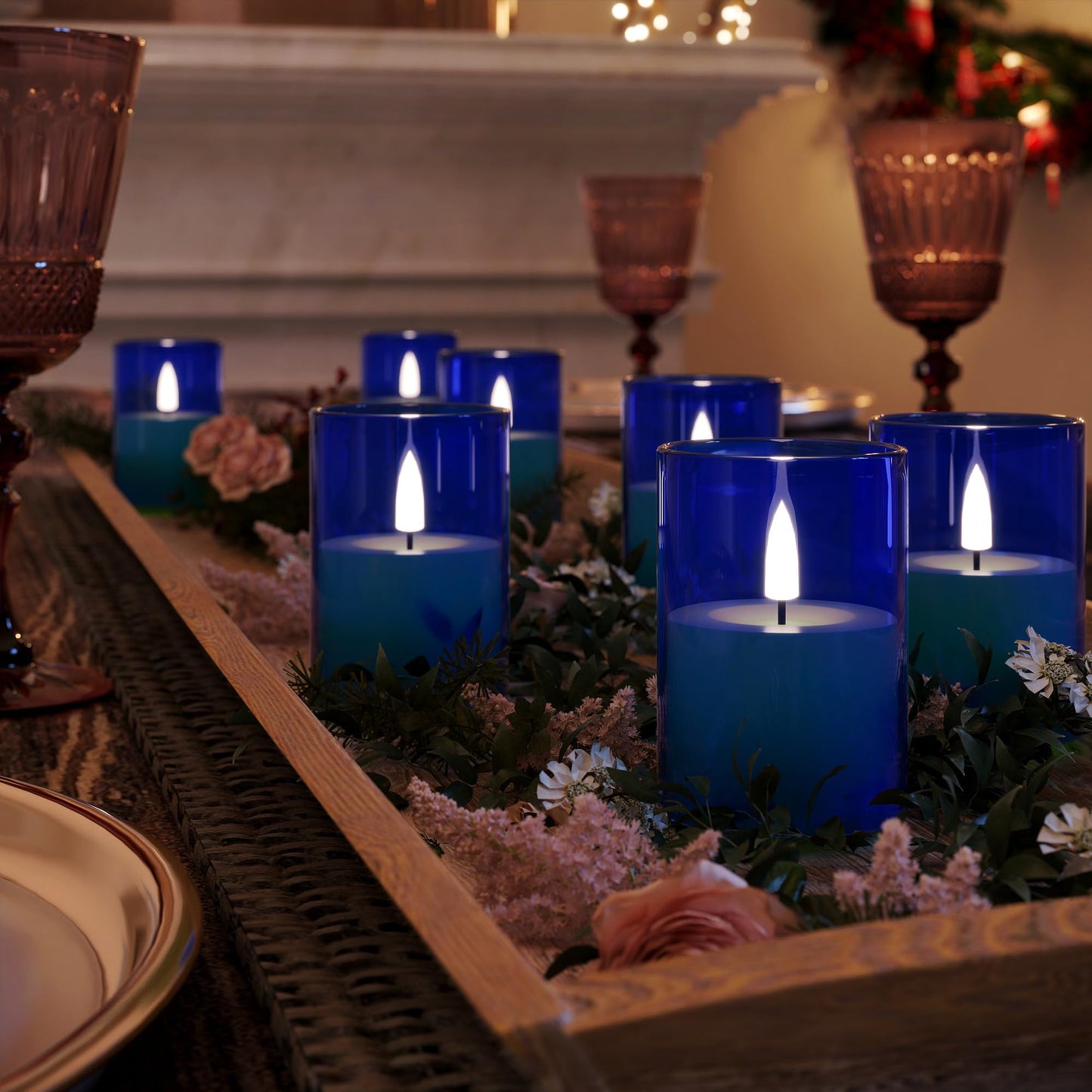 VIODAIM 12Pack Flickering Flameless LED Candles with Timer, Battery Powered - Small Pillar & Votive, Acrylic Made, Blue (2"X3")