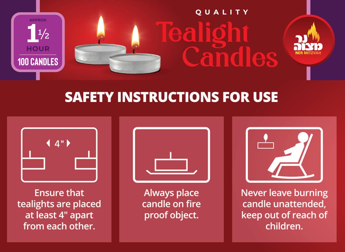 Ner Mitzvah Tealight Candles, Tea Lights Candles, White Tealights Unscented, 1.5 Hour Burn Time (Pack of 100), Bulk