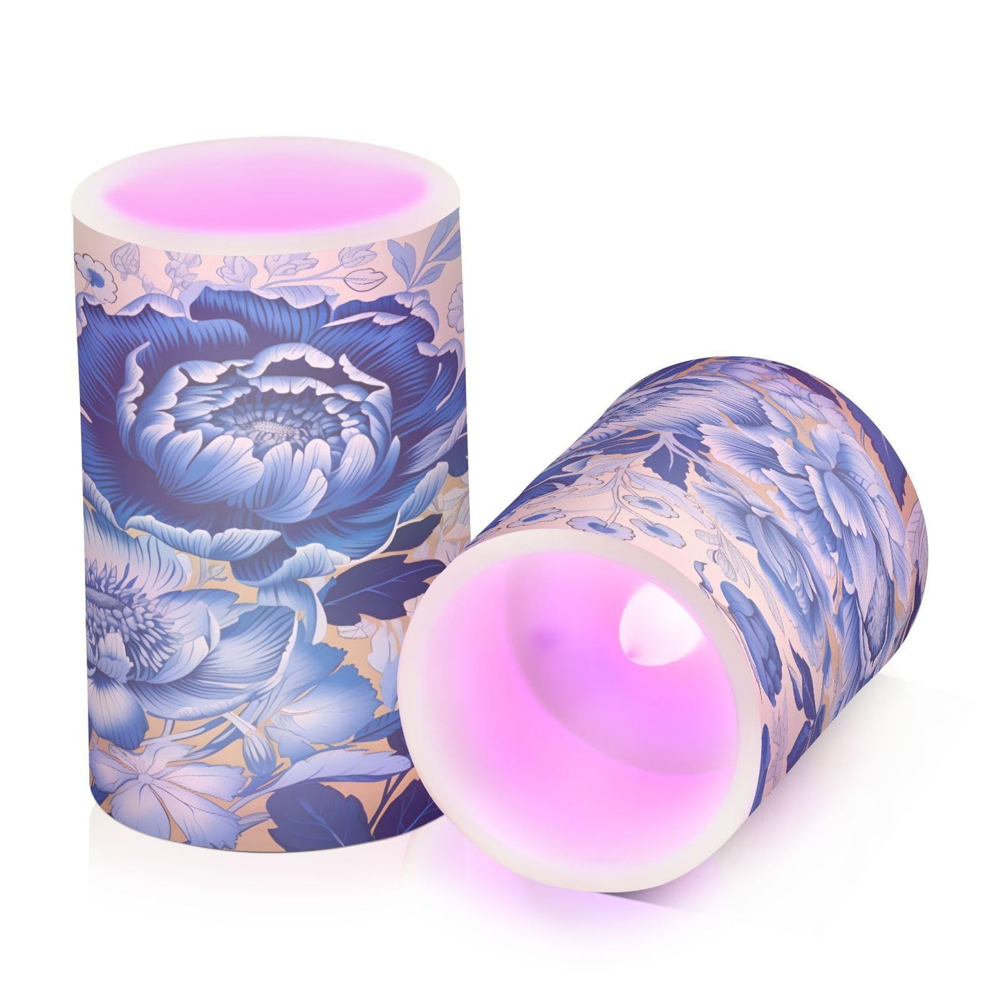 ALAZA White Navy Blue Flowers Floral Flickering Flameless Candles Battery Operated with Remote Timer,Tea Light Candles LED Pillar Votive Candles Set of 2 for Outdoor Indoor Decorations