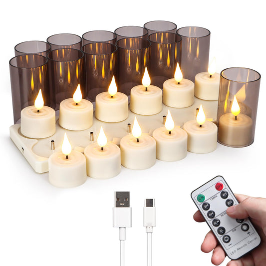 yunsheng Rechargeable Flameless Tea Lights Candles with Remote Timer & Charging Base, 12pcs Battery Operated LED Votive Candles Flickering for Home Halloween Chirstmas Lantern Candle Holder Decoration