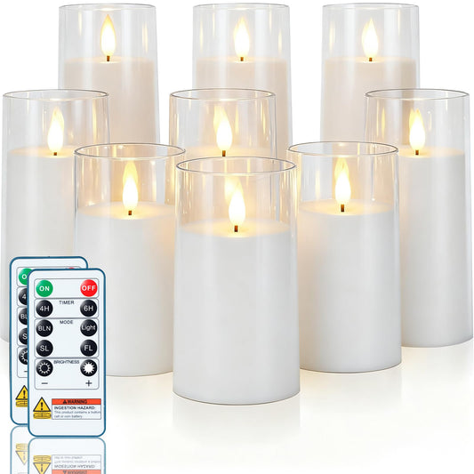 Homemory Pure White Flickering Flameless Candles, Battery Operated Acrylic LED Pillar Candles with Remote Control and Timer, Set of 9