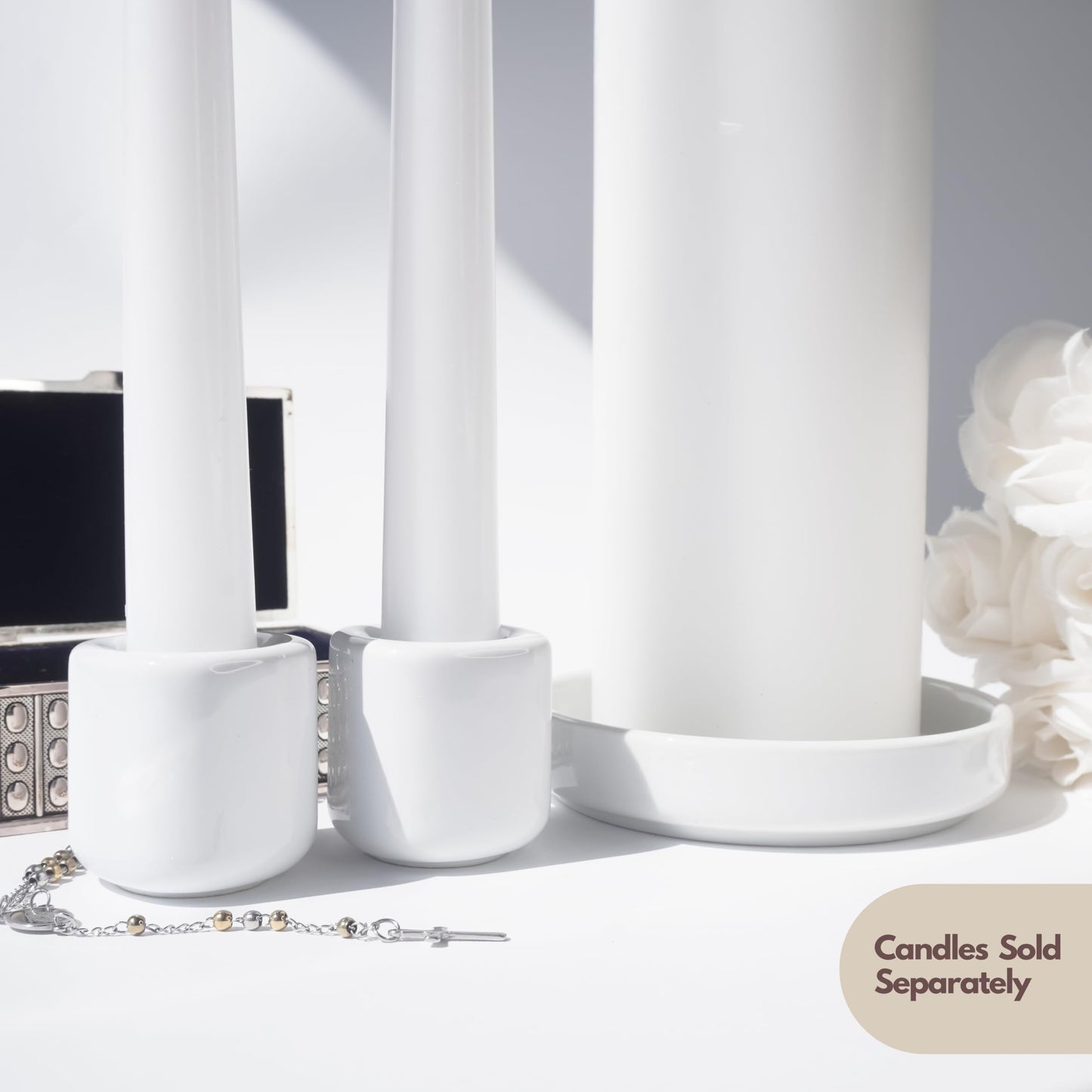 Unity Candle Holders and Vase Set, White Porcelain Candleholders for Taper Candles and Vase for Pillar Candle, Set of 3, Minimalist Round Ceramic Candle Holders, Great for Wedding Candle Set