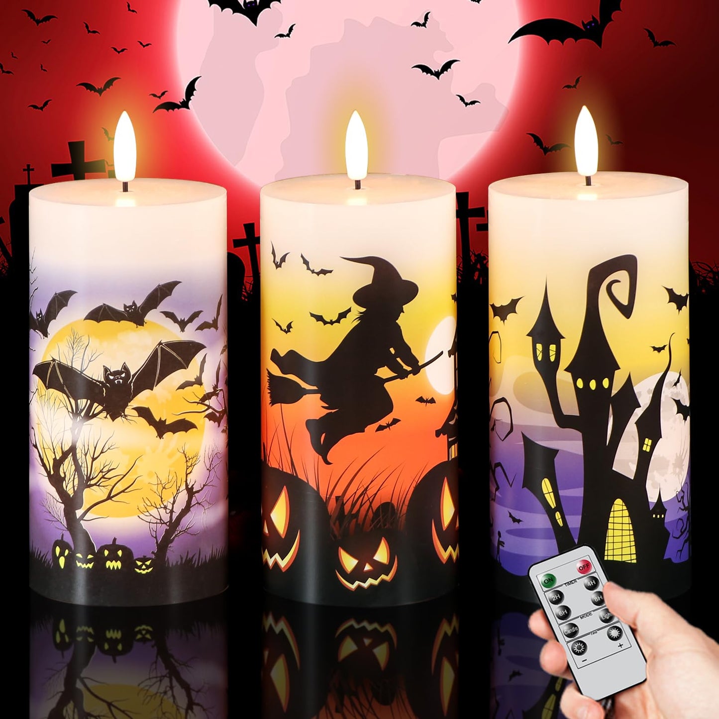 DRomance Halloween Flameless LED Candles Battery Operated with Remote and Timer, Real Wax Flickering Pillar Candles 3D Wick Dimmable Light Castle Witch Bats Halloween Decor(3 Pack, 3 x 6 Inches)
