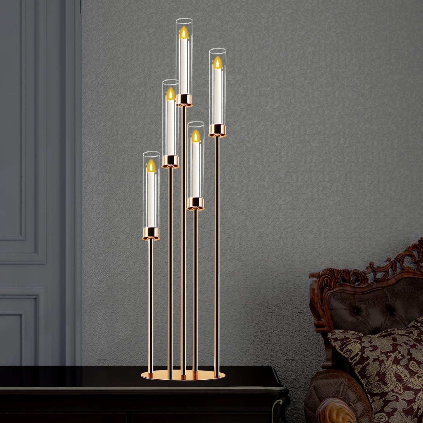 Gold 5-Arm Metal Cluster Taper Candelabra Candle Holders Includes Led Candles & Remote Control, Votive Pillar Candle Holders, Round Wedding Candelabra with Acrylic Shade (1, Gold, 41.3'' x 9.84'')