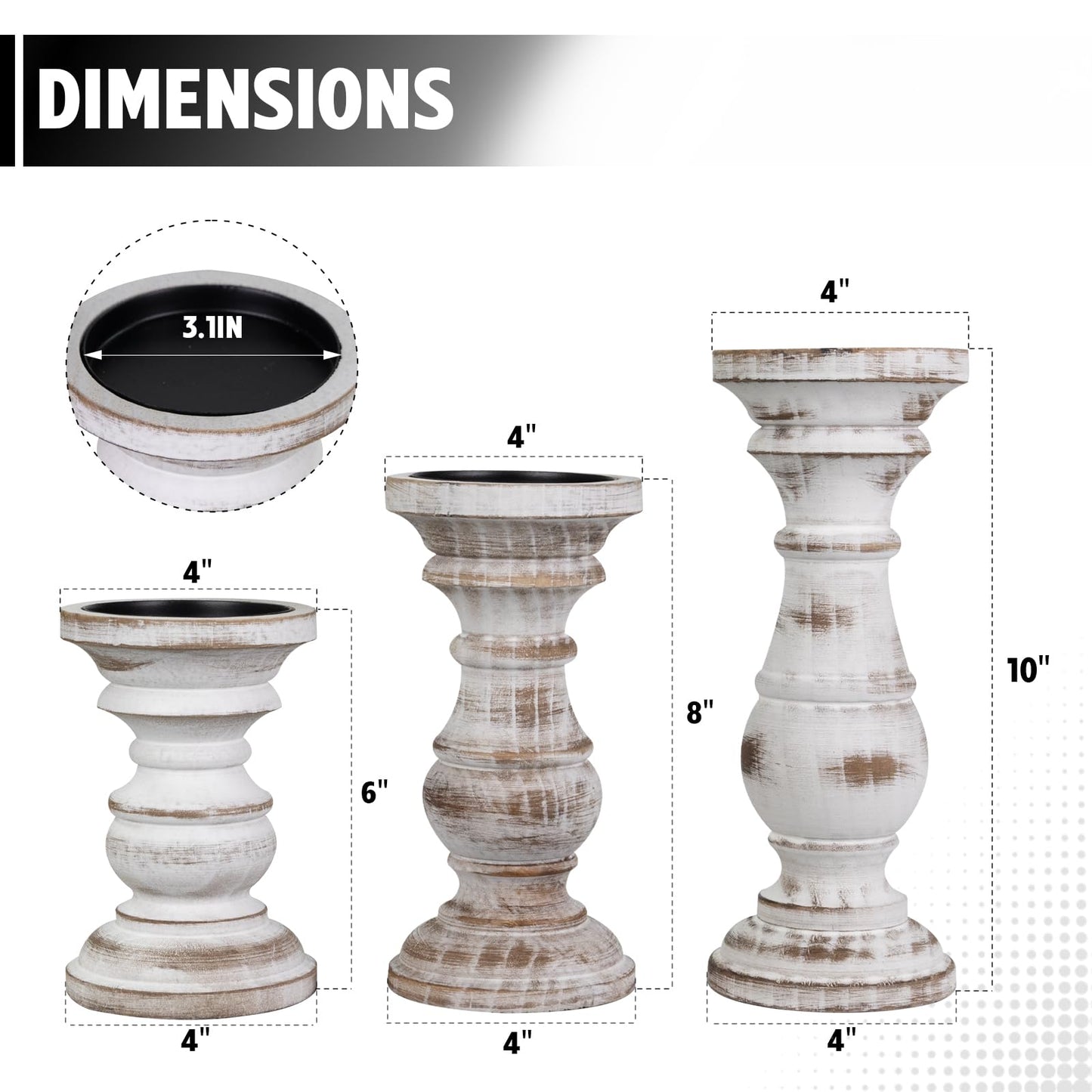 Candle Holder for Pillar Candle Set of 3, Farmhouse Wood Candle Holder, Rustic Wooden Candle Stand, Decorative Wood Candlestick Holders for Living Room, Table Centerpiece (Antique White)