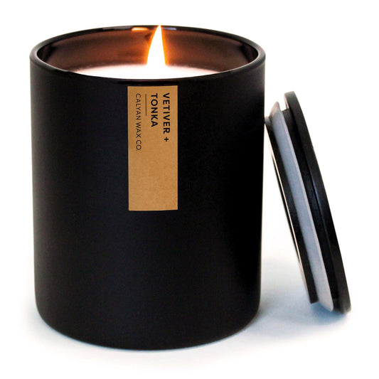 Calyan Wax Co. Vetiver & Tonka Scented Candle - 75 Hour Burn - Luxury Clean Soy Wax Candles - Long Lasting Black Tumbler Jar Candle for Home - 10.2oz