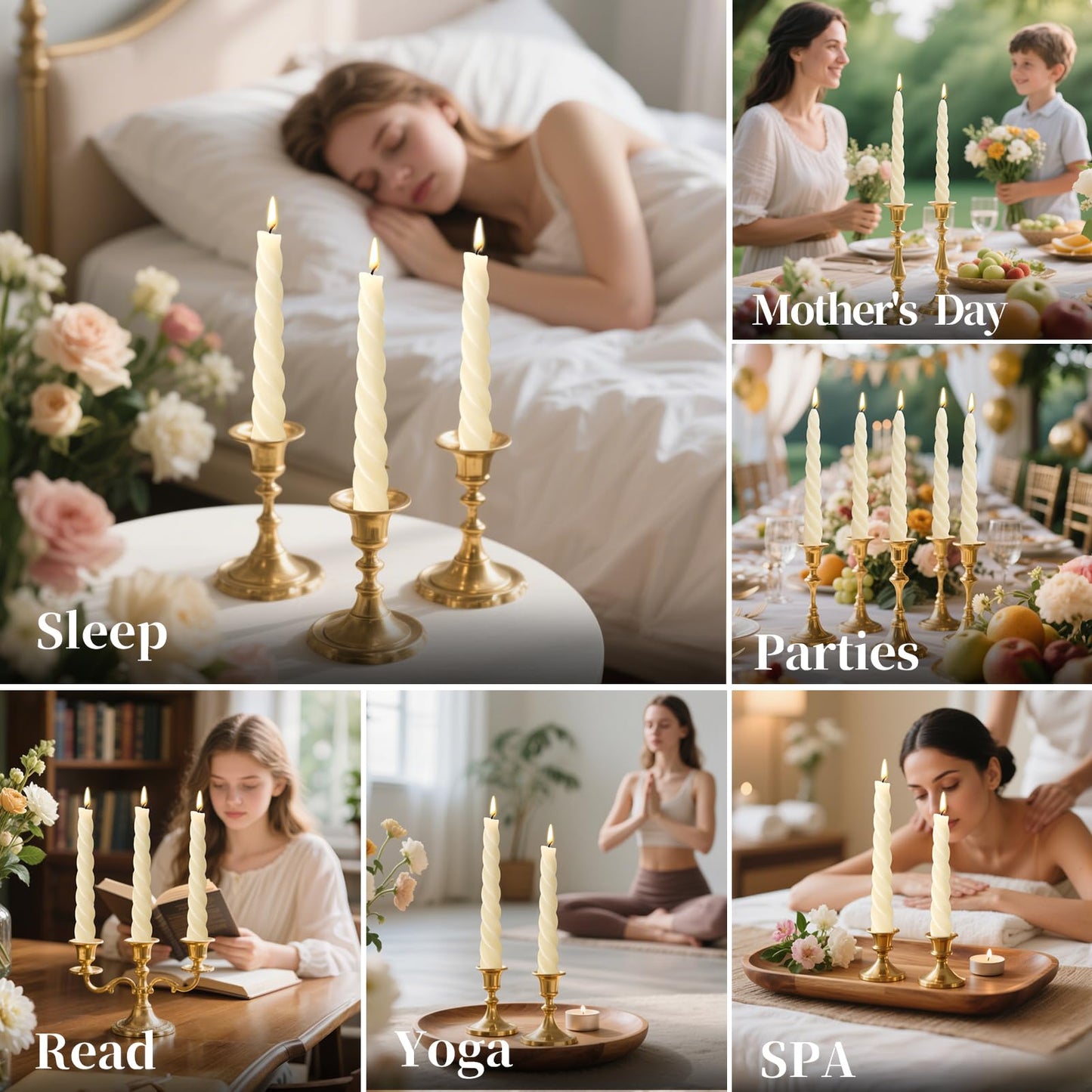 8 Pack Beeswax Taper Candles,7in Spiral Taper Candle Sticks,7 Hour White Beeswax Candlesticks,100% Natural Smokeless Dripless and Unscented Bees Wax Candle for Home,Prayer