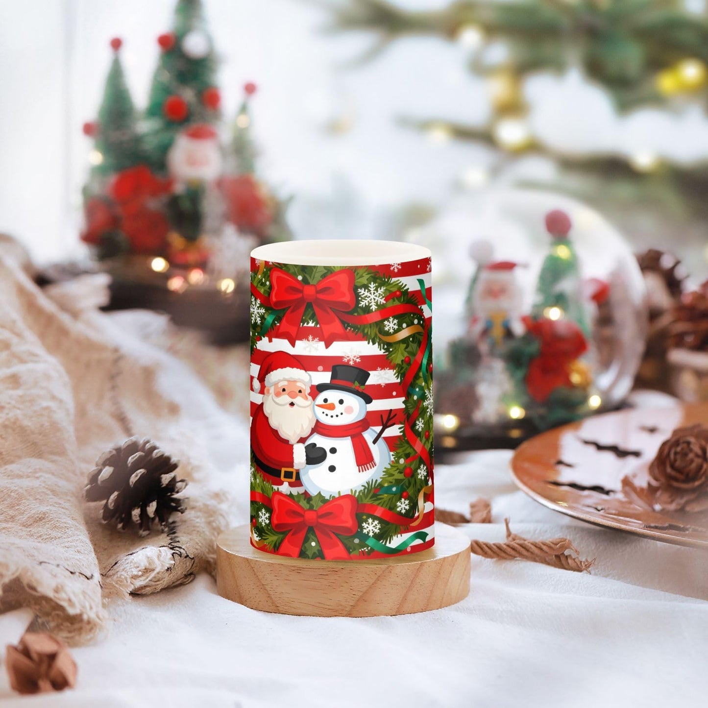 Flickering Flameless Candles, Christmas Santa Snowman Bow Wreath LED Candles with Remote Timer, Set of 2 Battery Operated Candle for Valentine Wedding Birthday