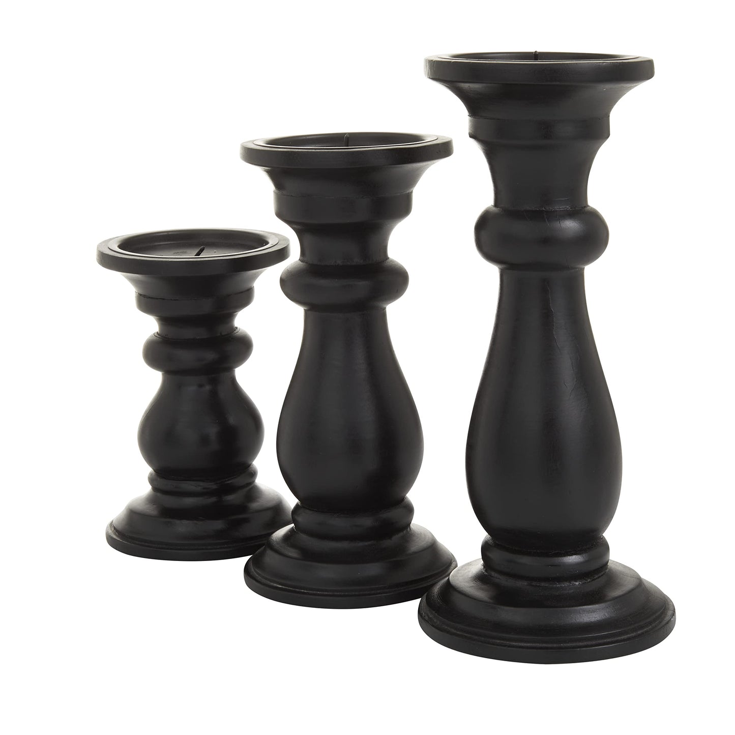 Deco 79 Mango Wood Decorative Candle Holder Turned Style Pillar Candle Stand, Set of 3 Candlestick Holder 10", 8", 6"H, Black