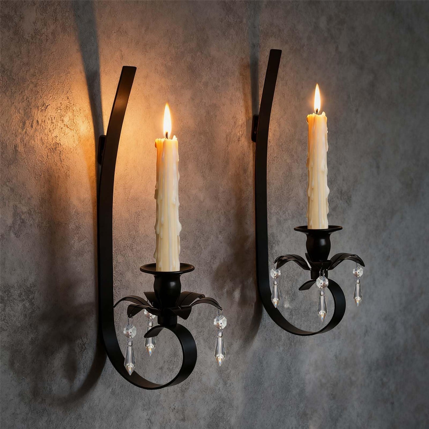 KEHAIL Set of 2 Black Metal Wall Candle Sconces with Crystal Pendant - Hanging Candle Holder for Farmhouse Fireplace, Living Room, Hallway, Stairway Decor (2, Black-A Style)