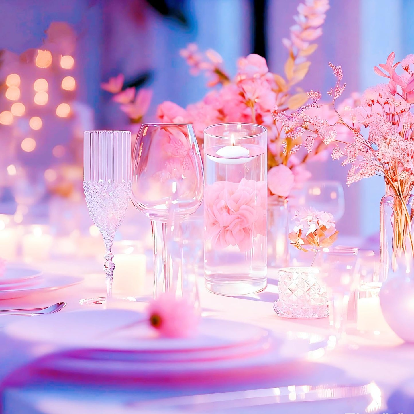 UDU 24 Pcs Floating Candles for Centerpieces and Floating Flowers for Centerpieces Artificial Flower Head for Home Birthday Wedding Party Table Decor Pink