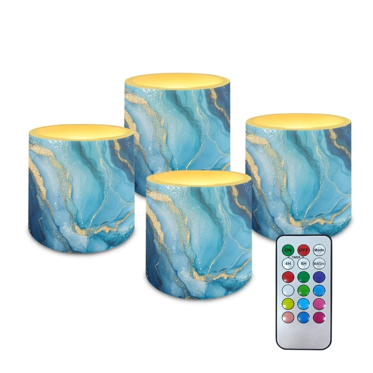 Cozeyat Blue Marble LED Candles Set of 4 Battery Powered Flameless with Remote Timer Waterproof Flickering Pillar Candles for Home Patio Garden