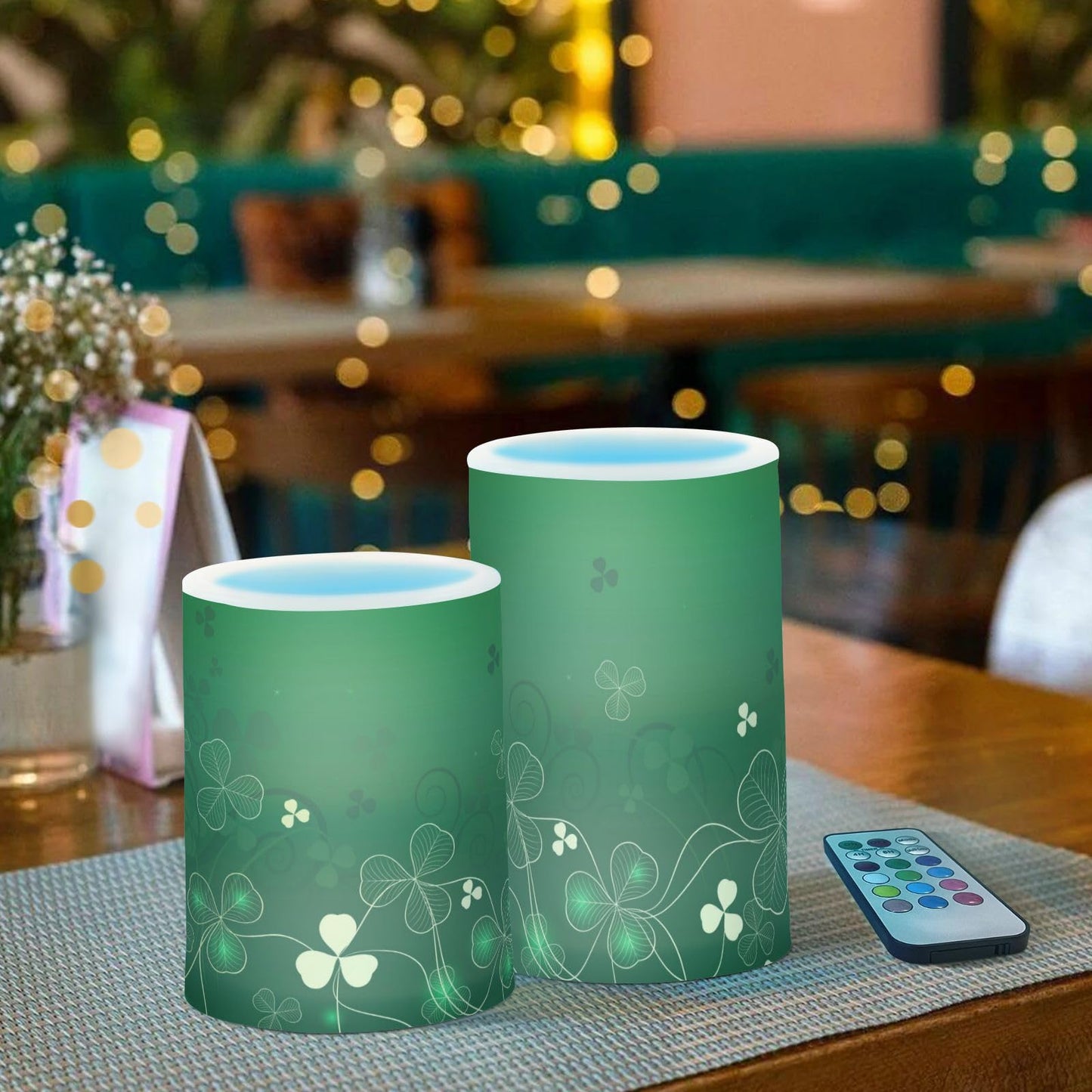 ALAZA Glowing Green Golden Shamrock Flickering Flameless Candles Patrick's Day Battery Operated with Remote Timer,Tea Light Candles LED Pillar Votive Candles Set of 2 for Outdoor Indoor Decorations