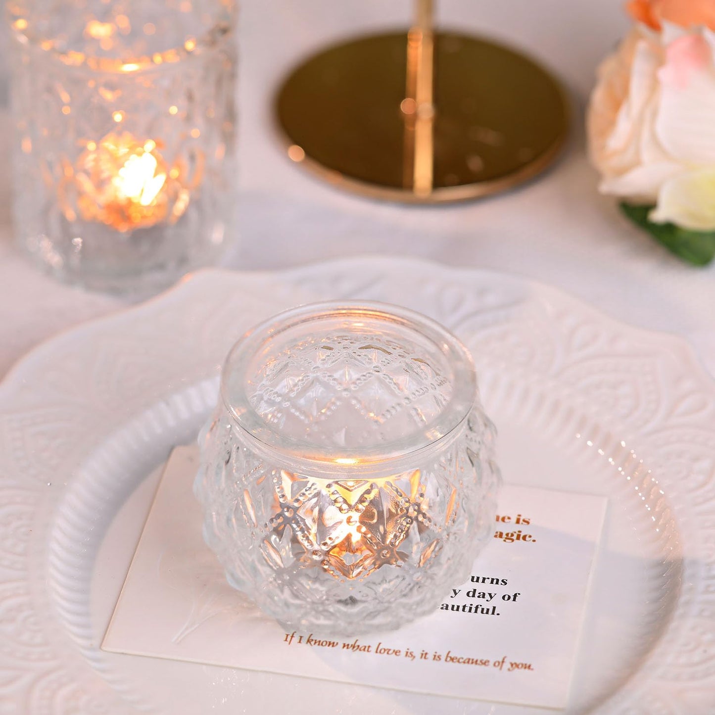 DARJEN Clear Votive Candle Holders Set of 24- Round Glass Candle Holders Bulk for Tea Light Candle, Embossed Candle Votives for Wedding Centerpiece, Various Parties & Home Decor (Pack of 4)