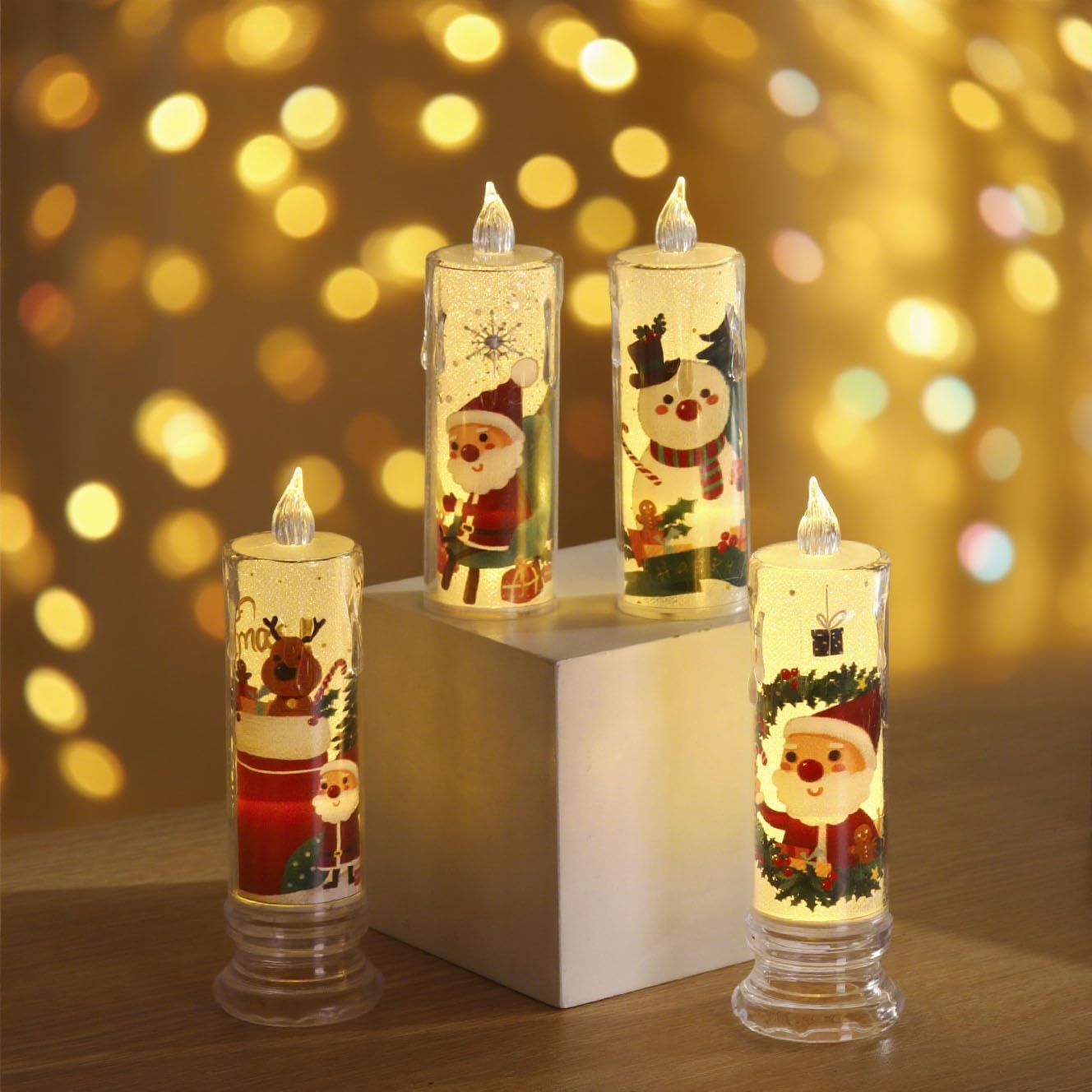 Vwvk 4-Pcs Christmas Flameless Candle Set, 5.12 Inches Tall, Christmas LED Candles with 3D Flame Effect - Battery-Operated Vintage Holiday Lights,Children's Christmas Gifts