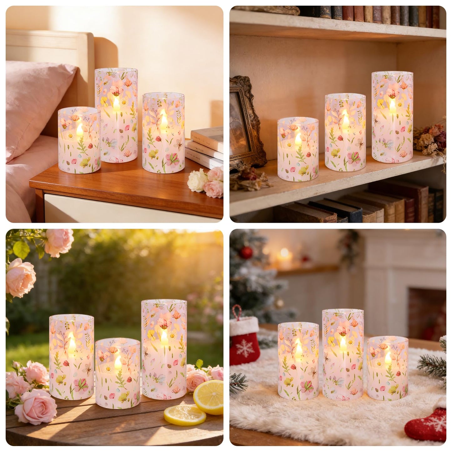 Crystal Club Flameless LED Candles with Remote Timer, Pink Floral Glass Battery Operated Candles, 3 Pack Realistic Flickering Pillar Candles for Wedding Home Centerpiece Decoration