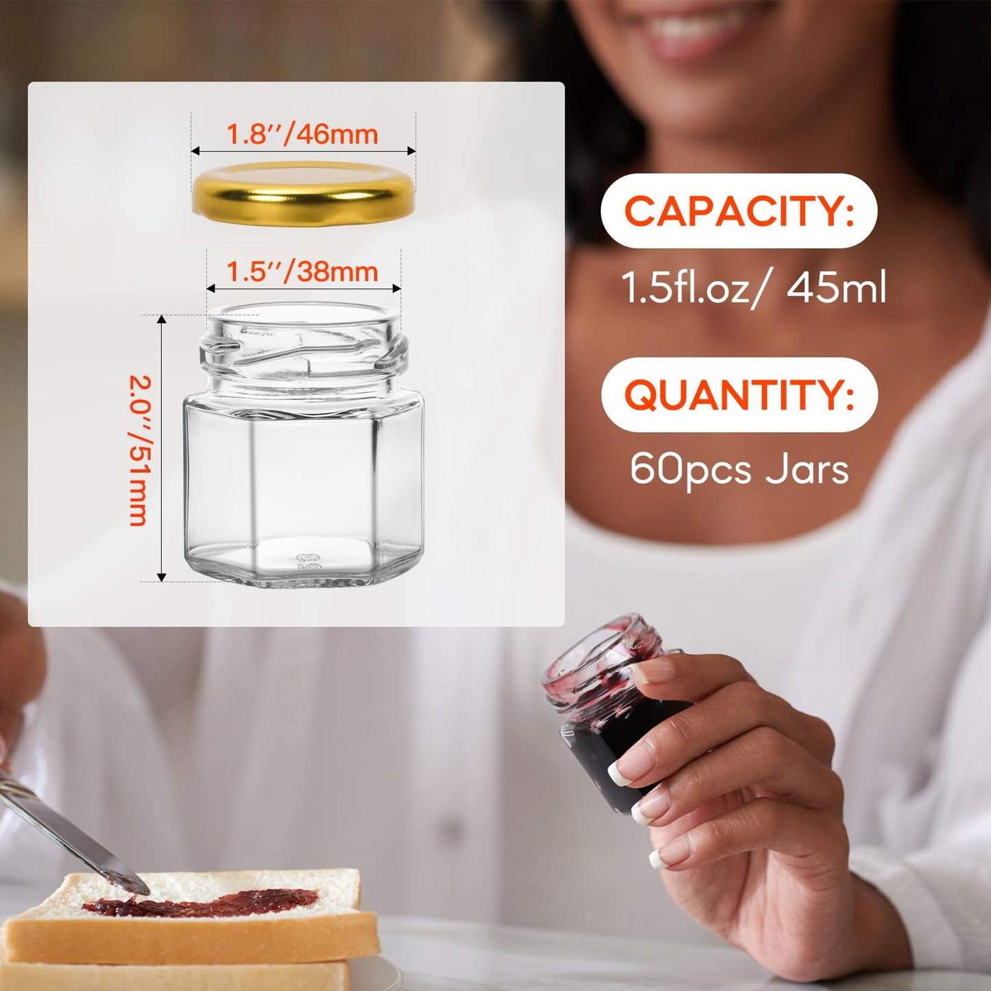 AuroTrends Mini Honey Jars with Dipper 1.5oz 60Pack, Empty Hexagon Honey Jars for Baby Shower Favors/Wedding Favors for Guests Bulk-Mini Glass Jar with Lids/Wooden Dippers (1.5 fl.oz-60Pack)