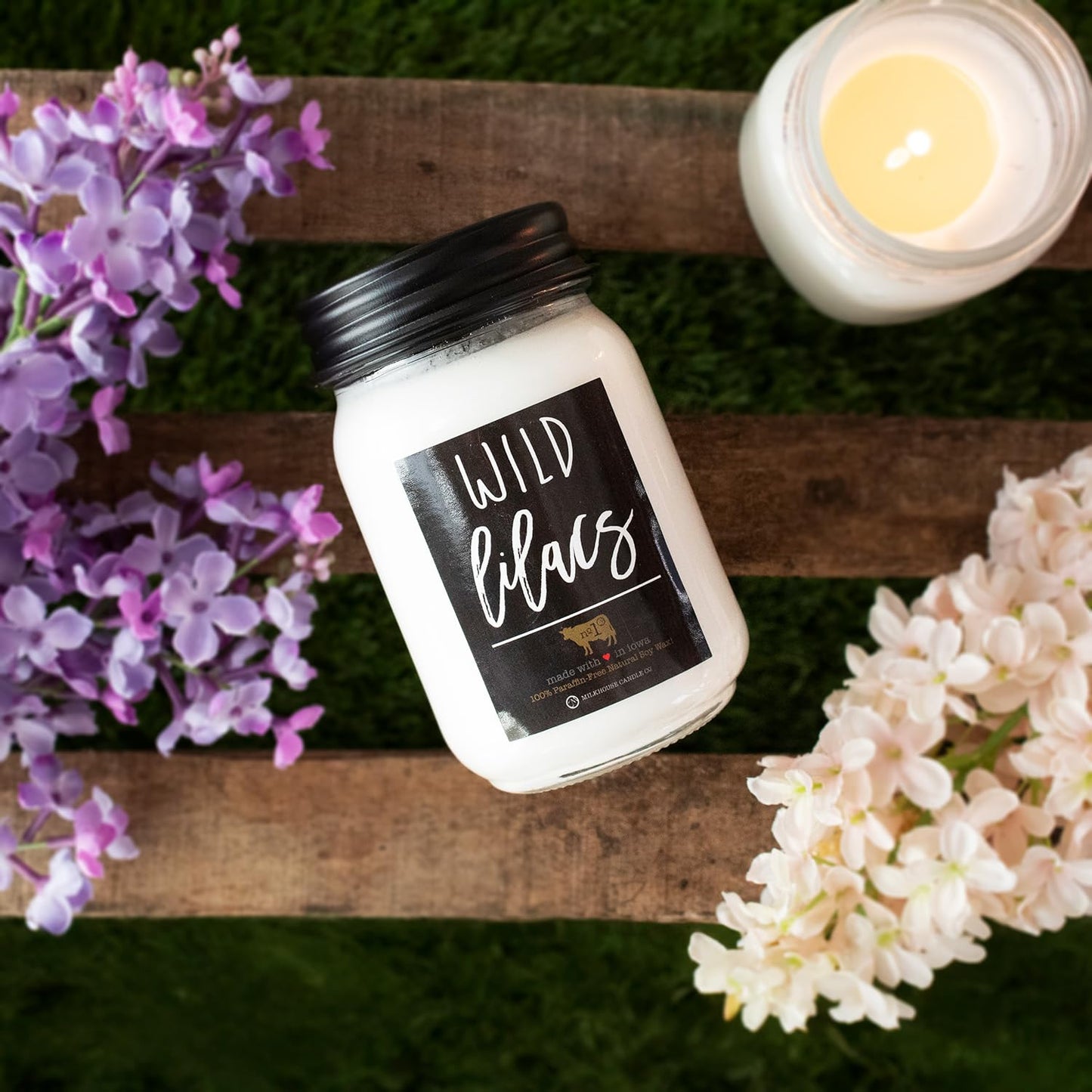 Milkhouse Candle Company Wild Lilacs Soy Candles - Lilacs | Jasmine & Lily | Verdant Greens Scented - 13 oz Mason Jar with Lid, 70+ Hour Burn Time, Made in the USA