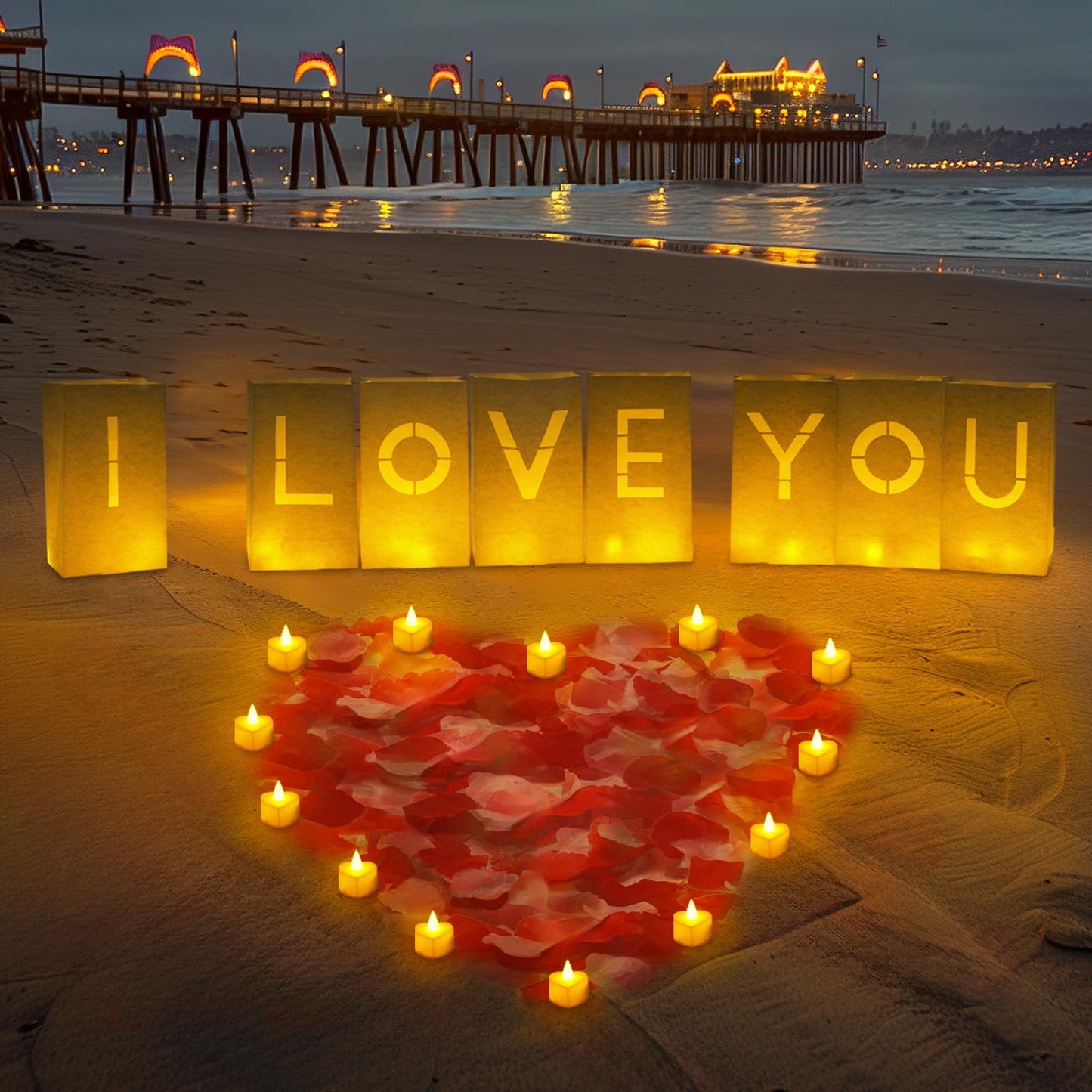 Homemory I Love You Light Up Letters Proposal Decorations with Flameless Candles and 2000 Fake Rose Petals, Valentine's Day Luminary Bags Romantic Decorations Special Night for Wedding Anniversary