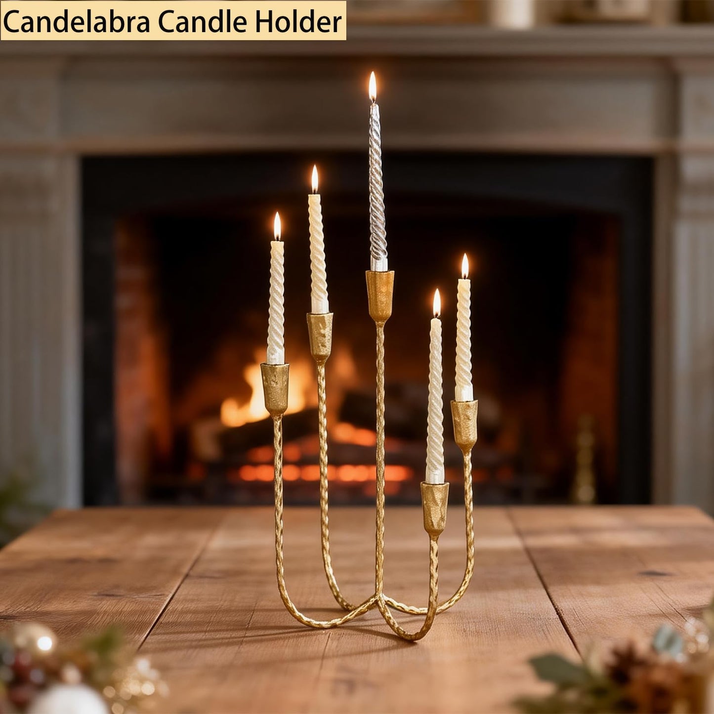 Cast Iron Candelabra Candle Holder, 17.5 Inch Tall Antique Brass Taper Candle Holder, Vintage Candelabra Centerpieces for Dining Tables or Mantel