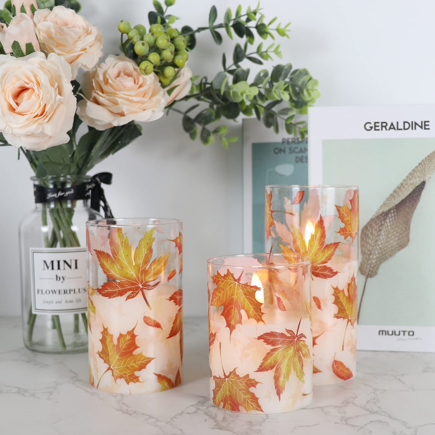 GenSwin Glass Maple Leaf Flameless Candles with Remote Timers, Battery Operated LED Flickering Candles, Real Wax Pillar Candles Christmas Wedding Decoration