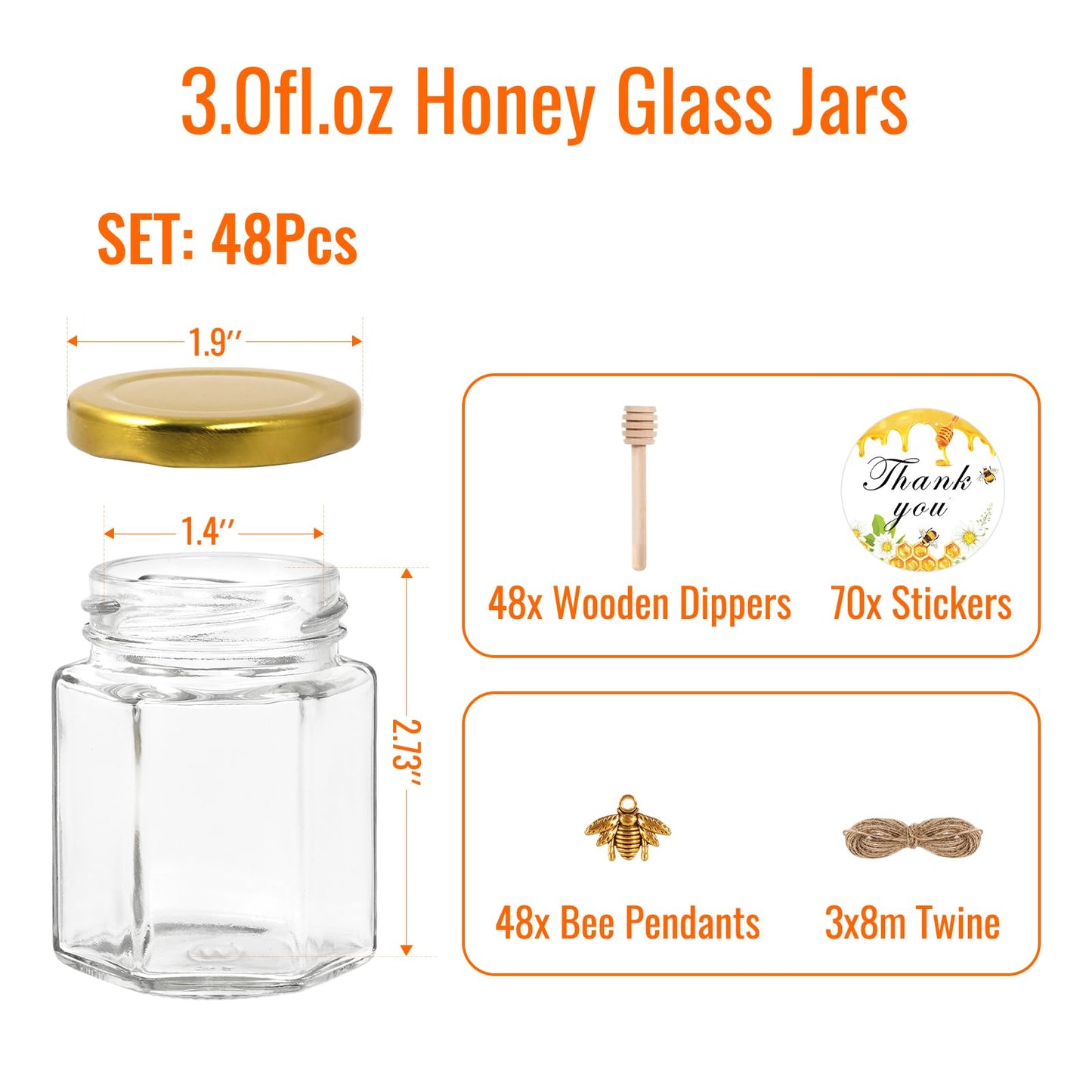 BIGIVACA 3 oz Hexagon Mini Glass Honey Jars with Wood Dippers,48 Pack Small Honey Jars with Gold Lids,Bee Pendants,Jutes,Bee Stickers,Perfect for Baby Shower,Wedding Favors,Party Favors