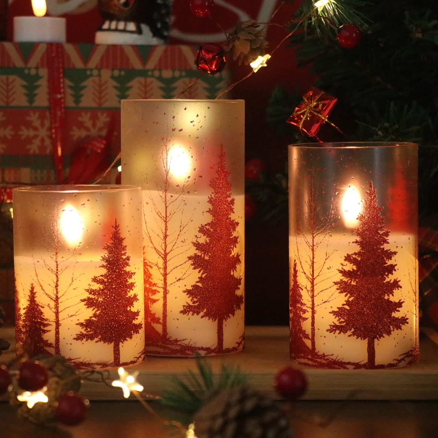 Wondise Glass Flameless Candles with Remote and Timer, Battery Operated Pine Tree Decals Pillar Candles for Home Decoration, Set of 3(D3 x H4/5/6 Inch)