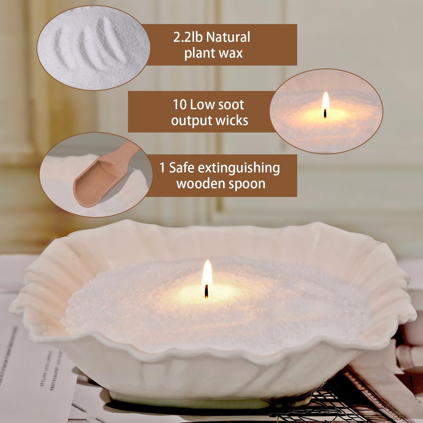 REISEN 2.2lb/35OZ Candle Sand Wax- White Unscented Sand Candle with 10 Wicks & Wooden Spoon, Non Toxic Wax Beads, Refillable Natural Pearls for Powder Candle Making