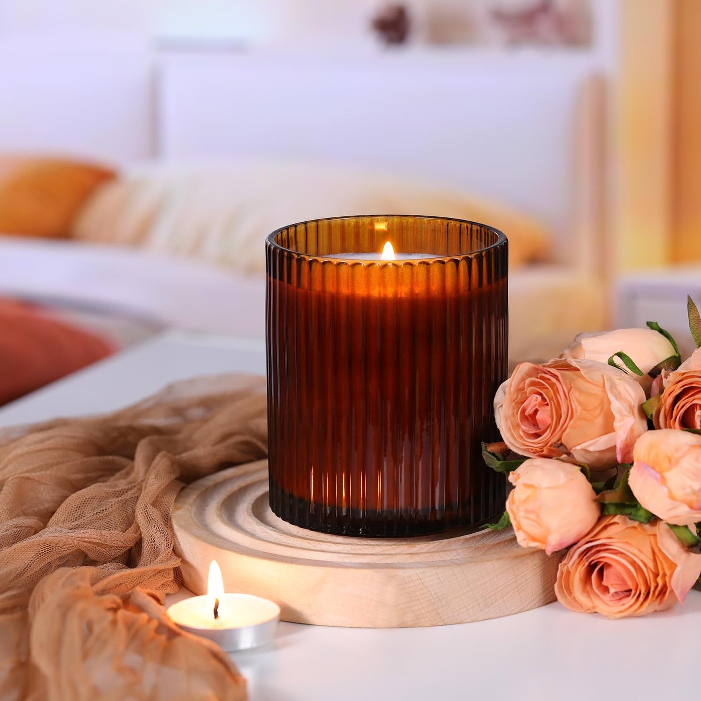 sunnyfuture 10 OZ Amber Candle Jars for Making Candles Set of 8, Ribbed Glass Candle Jars with Wood Lids and Labels, Candle Containers for DIY, Gifts, Home Decoration