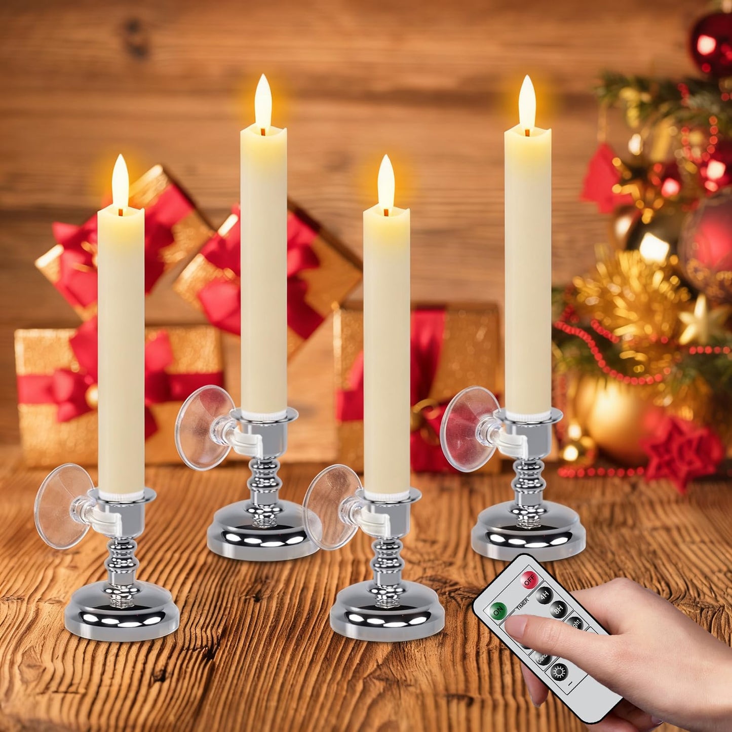 Wondise Flameless Window Candles with Remote Timer, 7" Battery Operated 3D Wick Real Wax LED Flickering Taper Candles for Christmas Decoration, Removable Silver Holder and Suction Cups Included 4Pack
