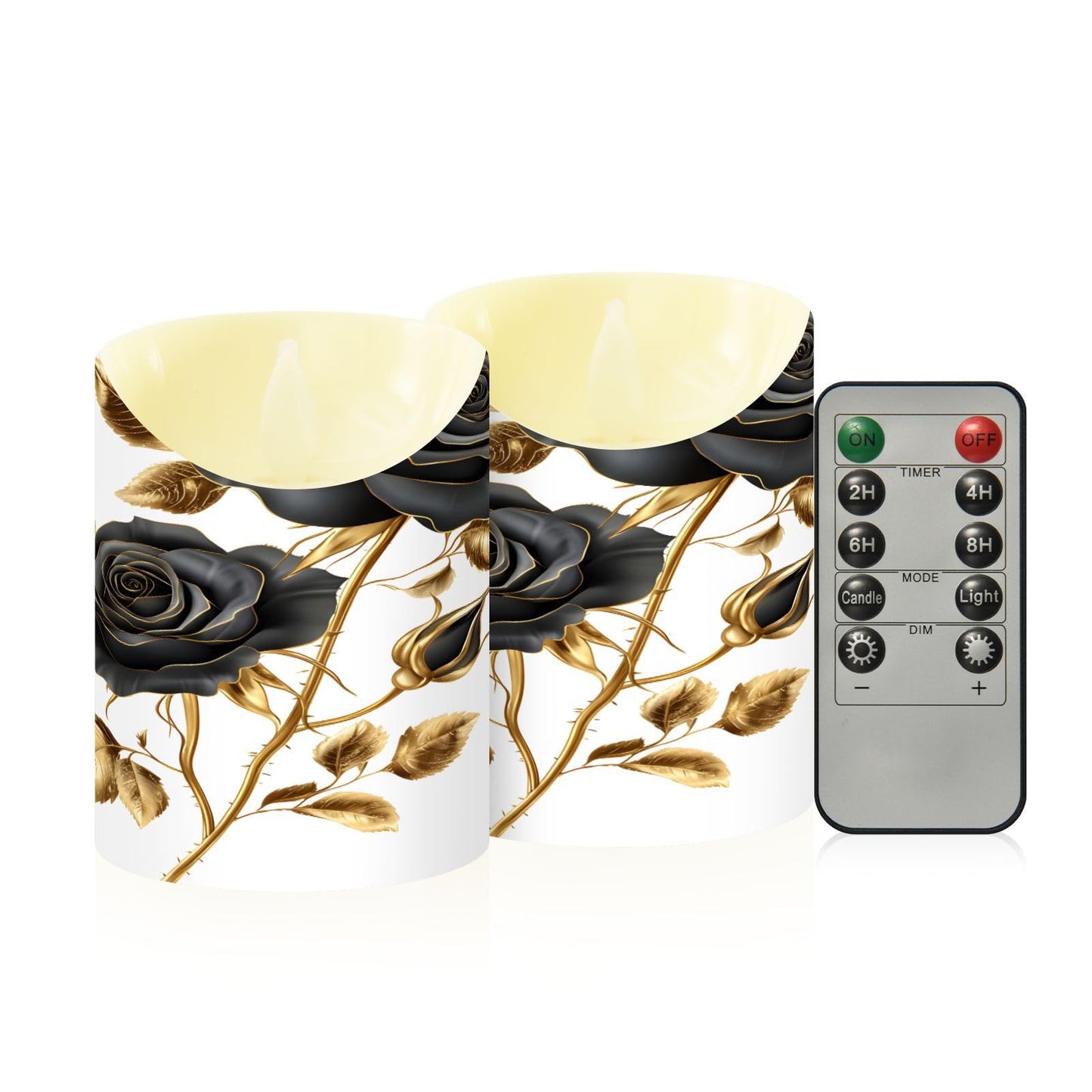 ALAZA Black Roses Gold Leaves Flickering Flameless Candles Battery Operated with Remote Timer,Tea Light Candles LED Pillar Votive Set of 2 for Outdoor Indoor Decorations 3" x5.9"