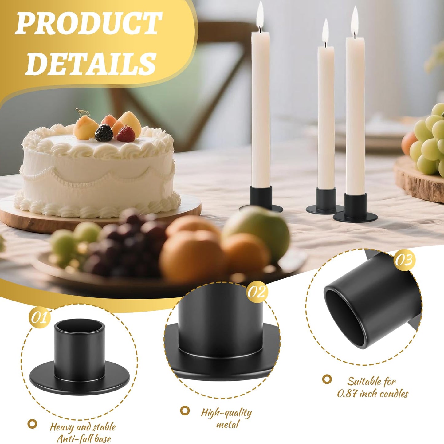 kehail Metal Taper Candle Holders Set - 2"×1" Elegant Candlestick Centerpieces for Table Decor, Wedding, Anniversary, Dinner Party (6, Black)