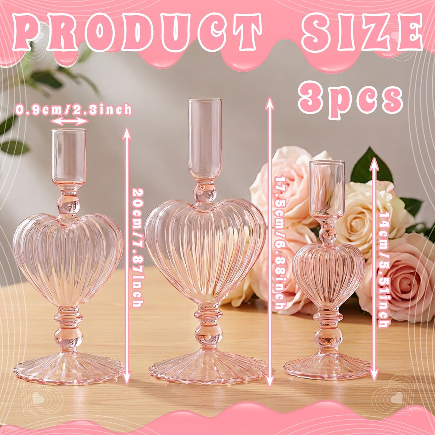 Maxdot 3 Pcs Valentine's Day Pink Glass Candle Holders Pink Heart Glass Taper Candle Holders Heart Candlestick Vase Decor for Valentines Wedding Receptions Festival Party Table Centerpieces Decoration