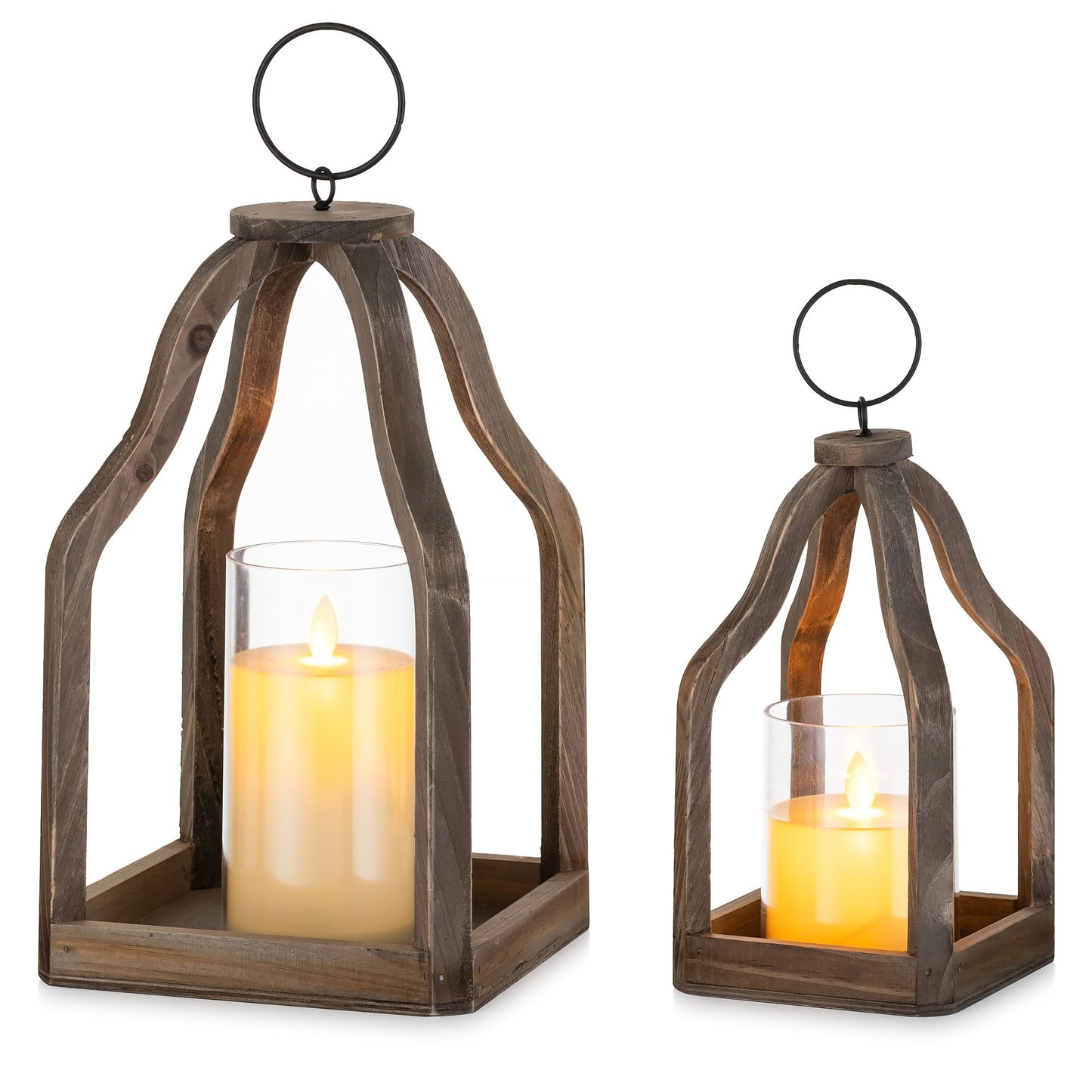 Romadedi Farmhouse Decorative Lantern Wooden - Set of 2 Rustic Wood Lanterns Candle Holder for Wedding Table Centerpieces Indoor Outdoor Fireplace Mantle Home Decor, Brown
