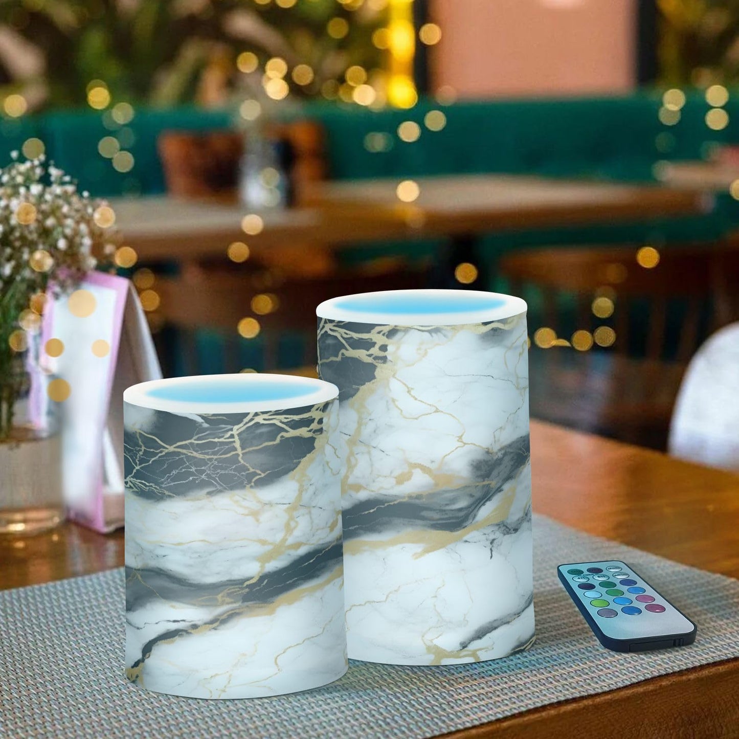 BOENLE Flickering Flameless Candles, Golden White Black Marble LED Candles with Remote Timer, Set of 2 Battery Operated Candle for Valentine Wedding Birthday
