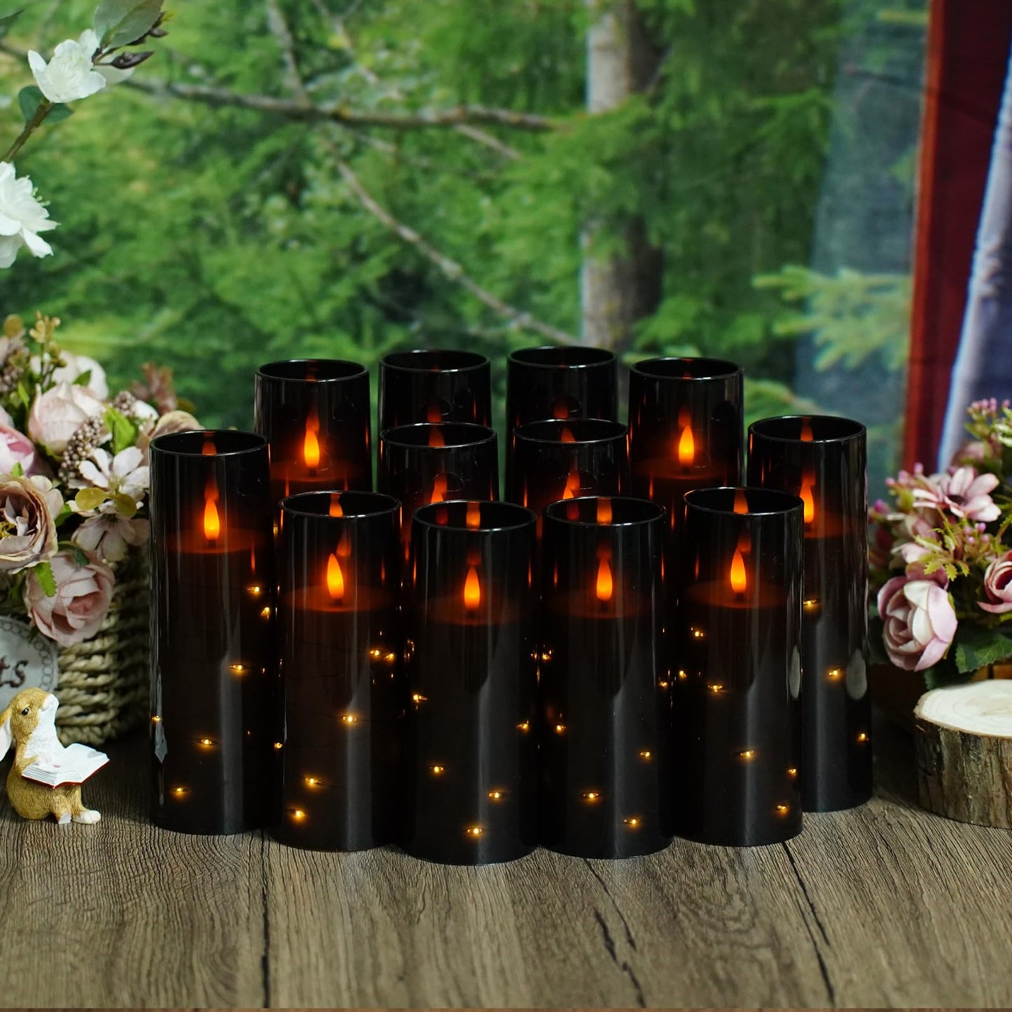 Sasigeiaa Flameless Candles with Embedded Star String - Battery Operated LED Candles, with Remote,12 Black Flickering Candles for Christmas, Weddings, Home Decor & Party,(D 2.3"×H 5" 6" 7")