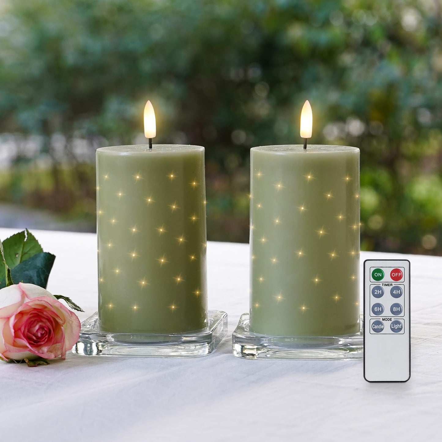 Rhytsing Sage Green Fiber Optic Real Wax Flameless Candles with Remote, Battery Operated Decorative Pillar Candles for Spring and Summer, Christmas Gift Set with Batteries, H 5 inches - Set of 2