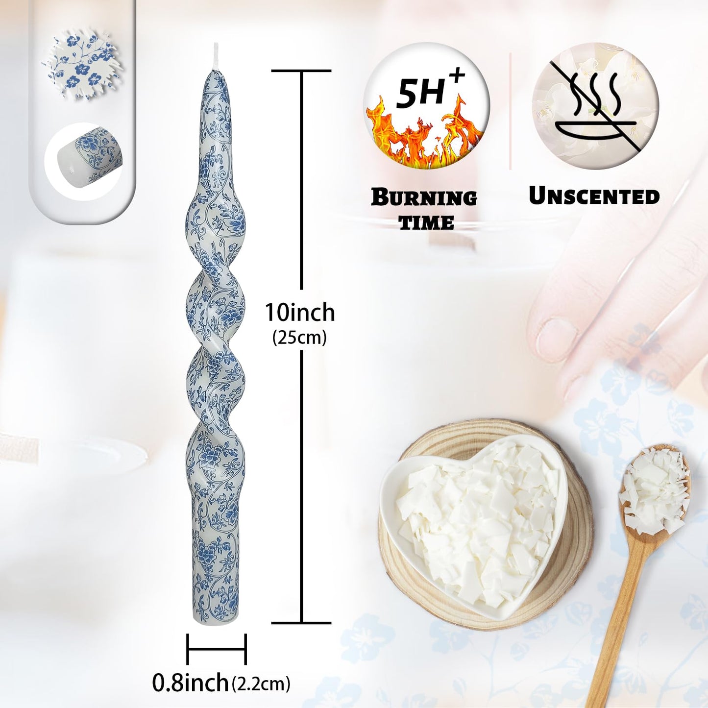 Spiral Candlesticks Set of 4 - Handmade Unscented Blue Floral Print Taper Candle 10" Long Blue Flower Design for Home, Wedding, Gifts