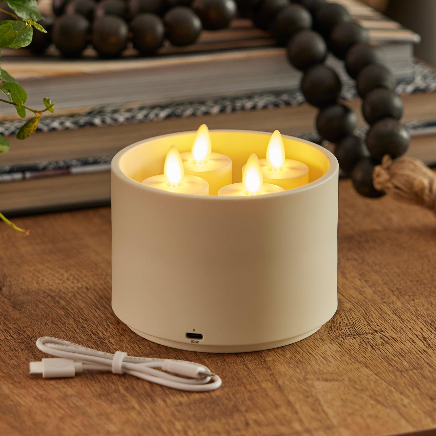 Luminara Flameless Tealights Rechargeable LED Set of 4 1.5" x 2.1", Battery Operated Moving Flame w/USB Charging Base, Indoor Safe Decorative Lights