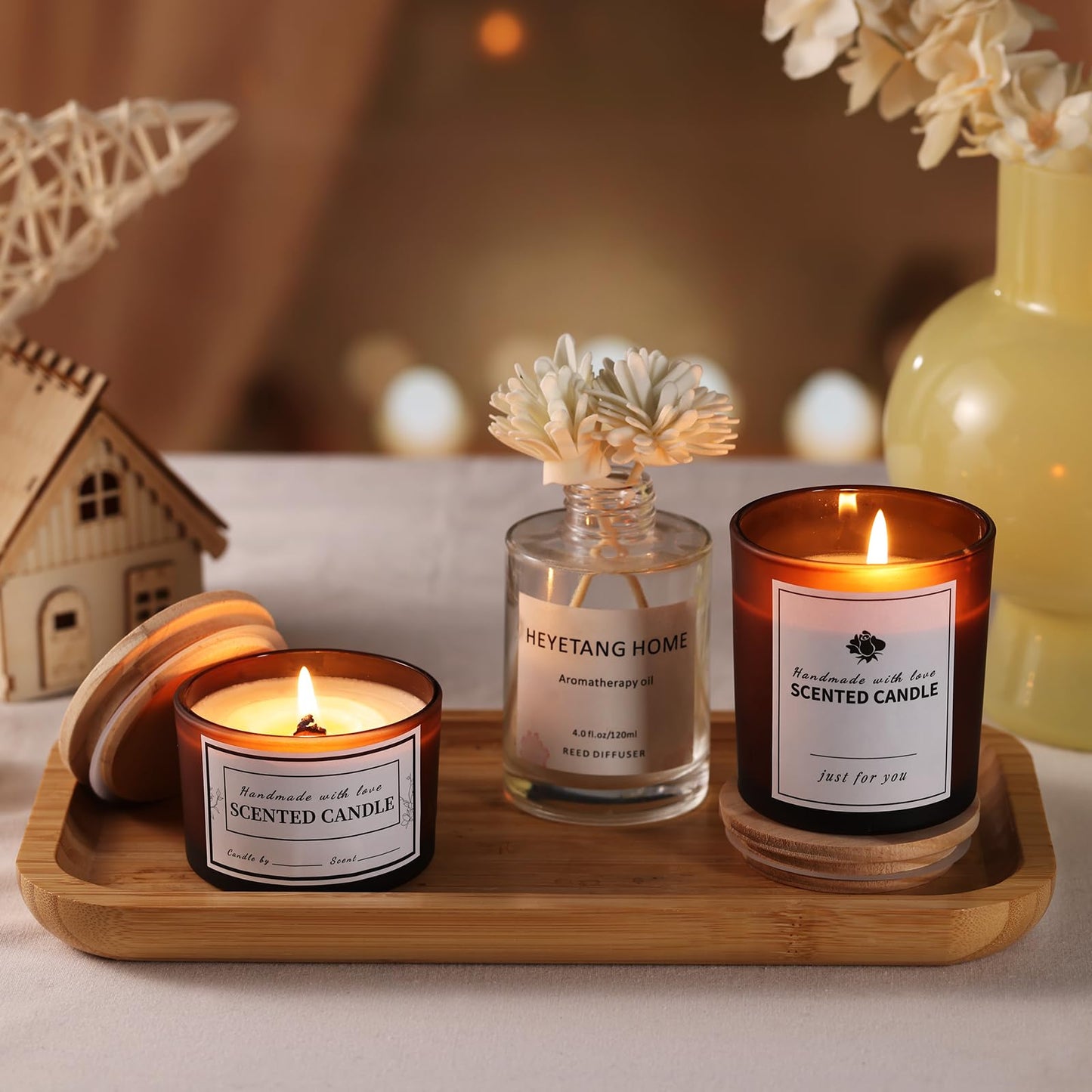 sunnyfuture 16 Pack Forsted Amber Candle Jars, 8pcs 7oz + 8pcs 4oz Candle Jars for Making Candles with Wooden Lids and Labels for DIY, Gifts, Home