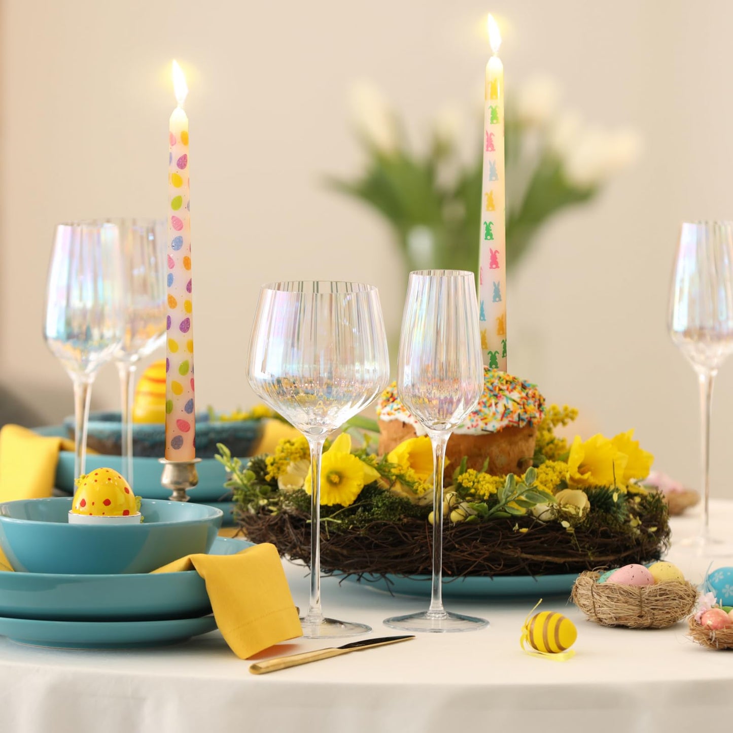 Threlaco 12 Pcs Bunny and Egg Taper Candles Set 10 Inch Pastel Spring Candle Sticks for Table Decoration Dinner Party Holiday Decor Basket Stuffer