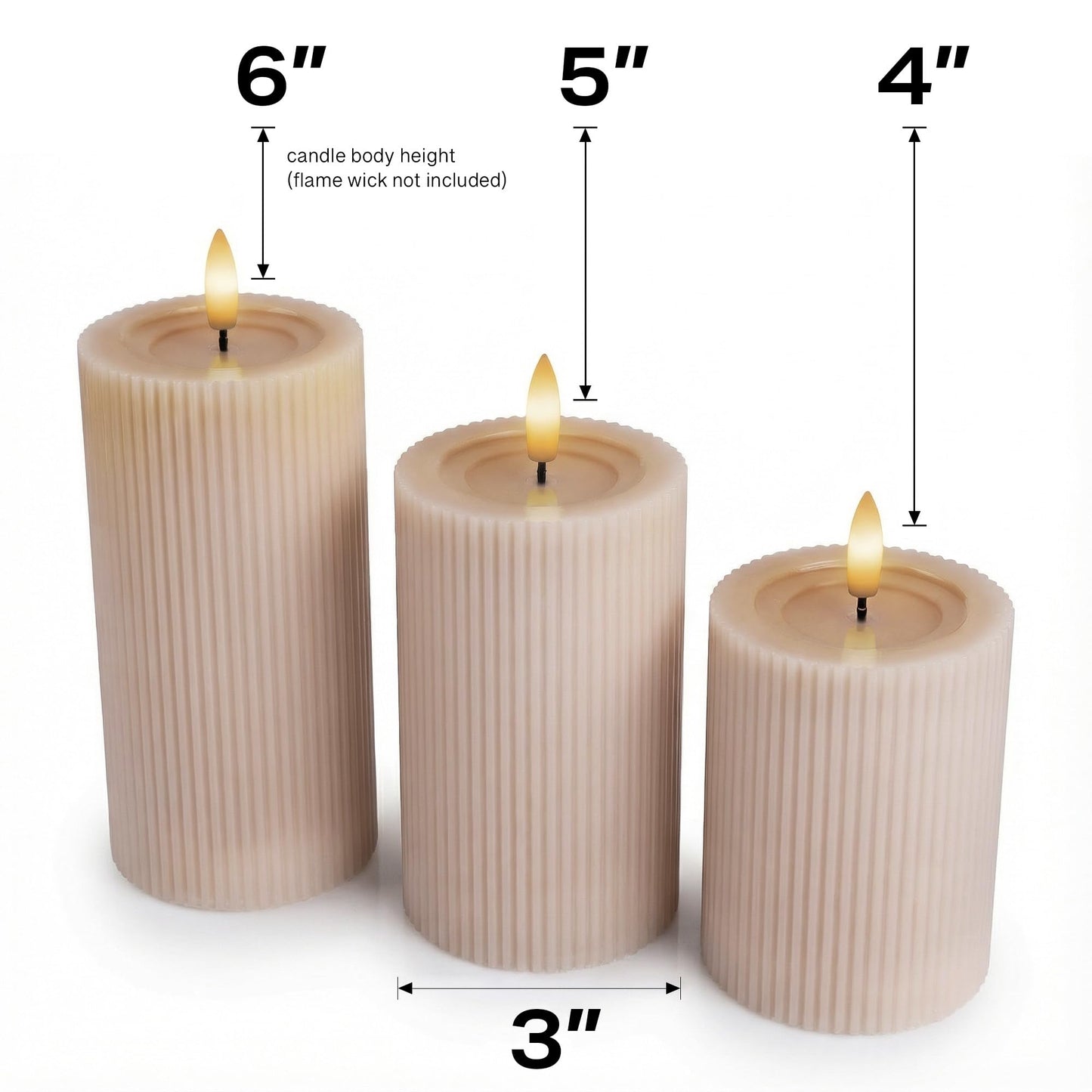 West Ivory Fluted Ribbed LED Pillar Candles, Blush Beige, with Reflective Melted-Wax Effect – Flickering Flame, Remote, Dimmable, Flameless, Battery Operated, Home & Wedding Decor (Set of 3)