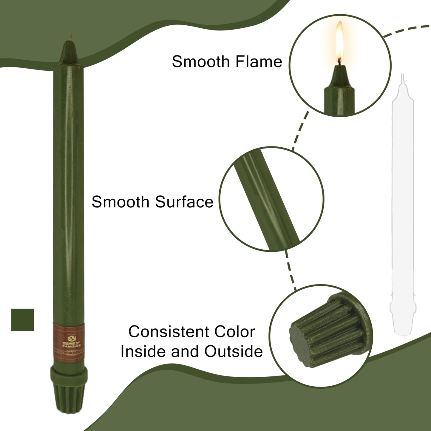 Olive Green Taper Candle 10 Inch Long Candlesticks Unscented Dripless Tapered Candle Set for Home Decor Wedding Party Dinner Candles, 4 Pack