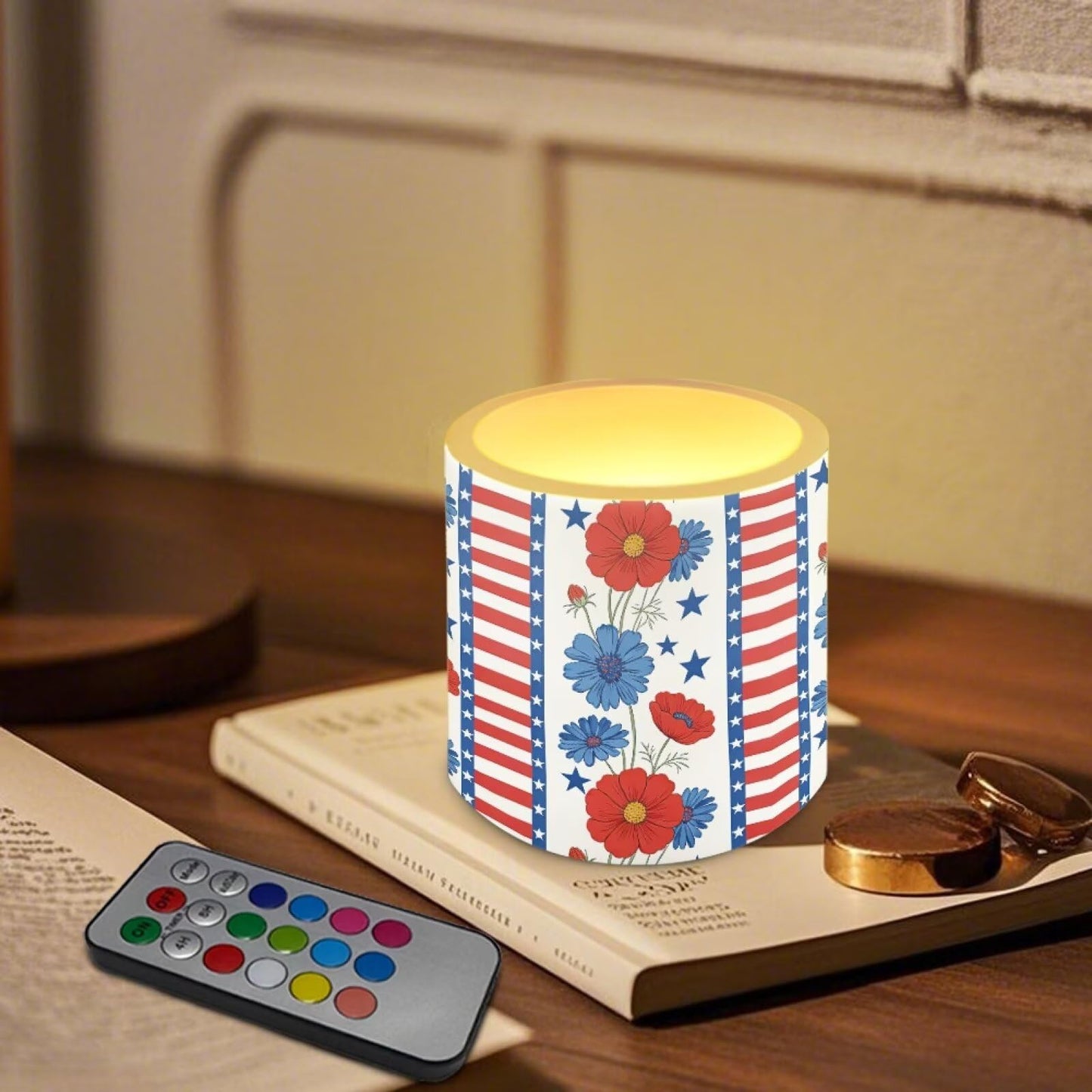 NETILGEN Flameless Flickering Candles with Timer Remote 4 Packs Novelty American Flag LED Battery Operated Pillar Candles for July 4th Independence Day Decor