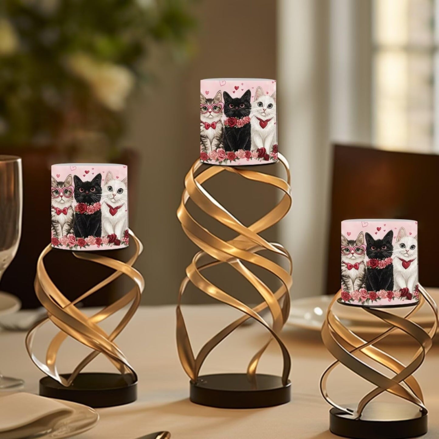 Merkmak 4Pcs LED Candles Bulk Flickering Flameless Candles with Remote and Timer Floral Cat Battery Operated Pillar Tea Lights for Valentines Day Banquet Wedding Home Decorations