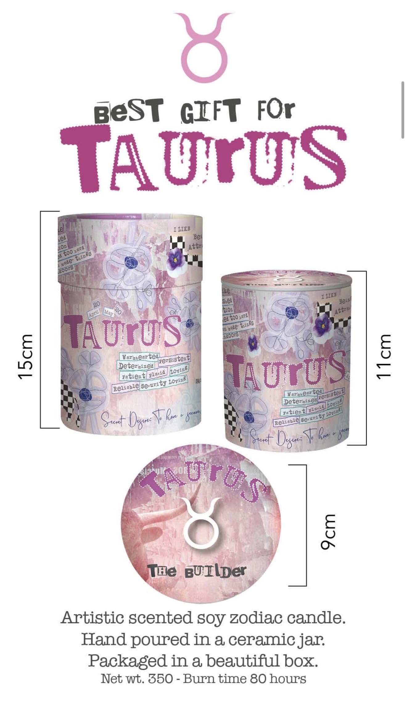 Taurus Zodiac Candle – Jasmine Scented Soy Candle for Self Care & Relaxation – Zodiac Birthday Gift – 80 Hour Burn – Reusable Ceramic Jar