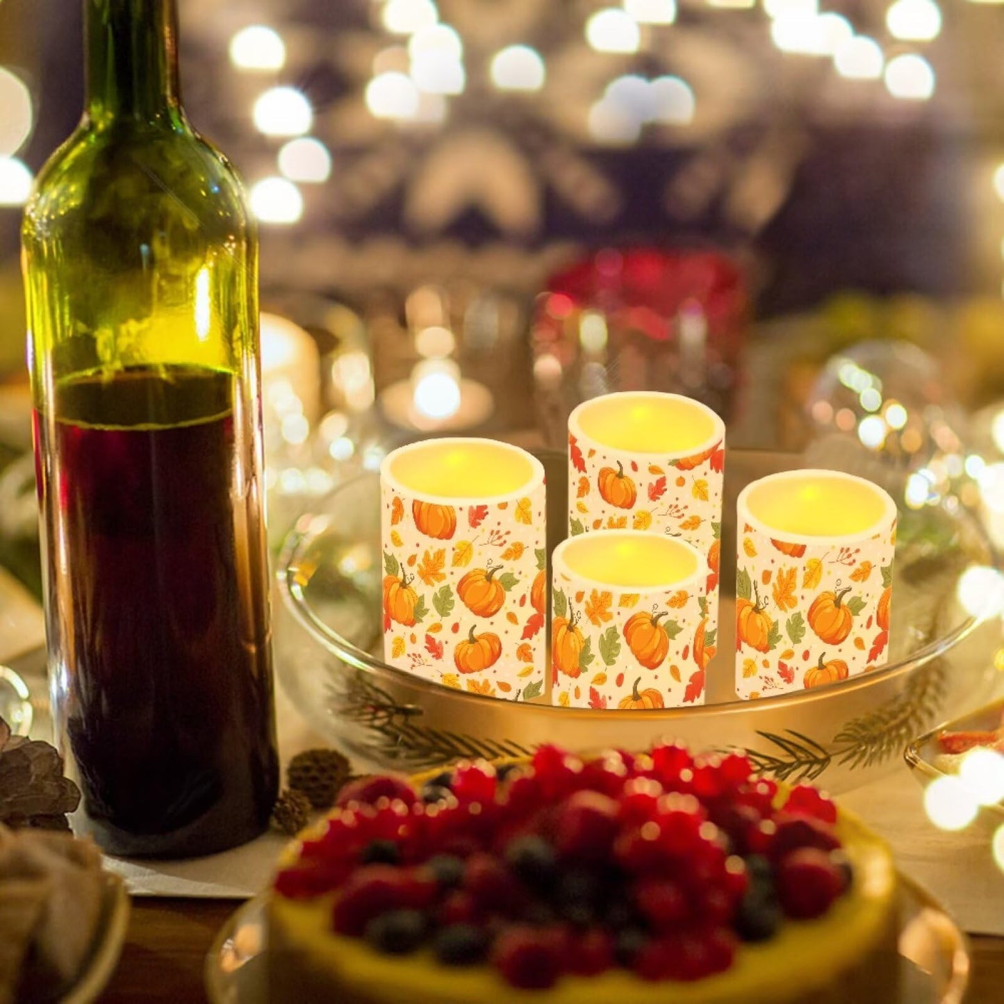 NETILGEN 4 Pcs Flameless Flickering Candles with Remote Timer Control Battery Operated LED Pillar Candles Maple Leaf Pumpkins Thanksgiving Day Decor